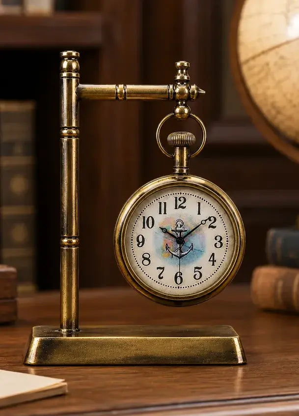 Antique brass desk clock with compass displayed in a study