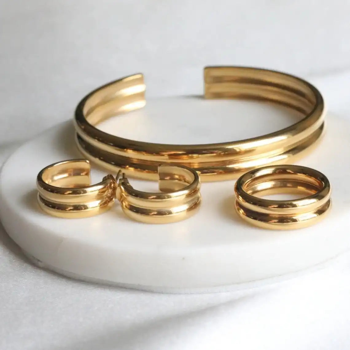 18K Gold Filled Open Cuff Double Band Bangle Ring and Earring Set