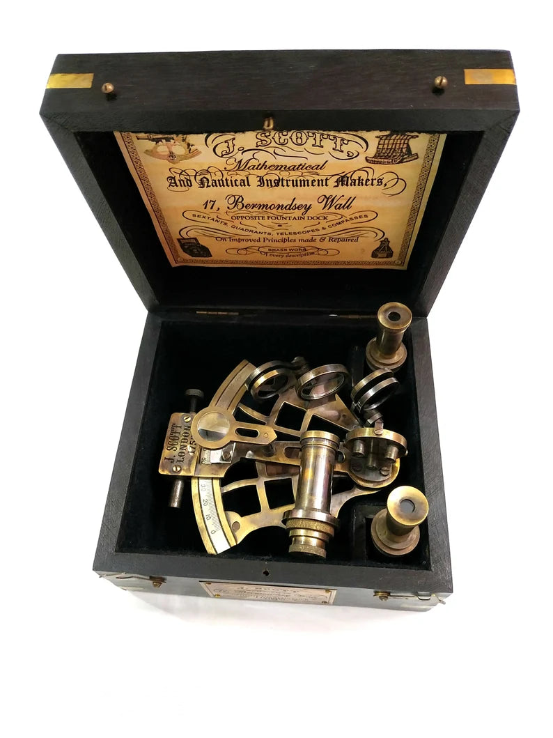 Antique Nautical Brass J. Scott Ship Working Astrolabe Telescope Sextant in Wooden Box