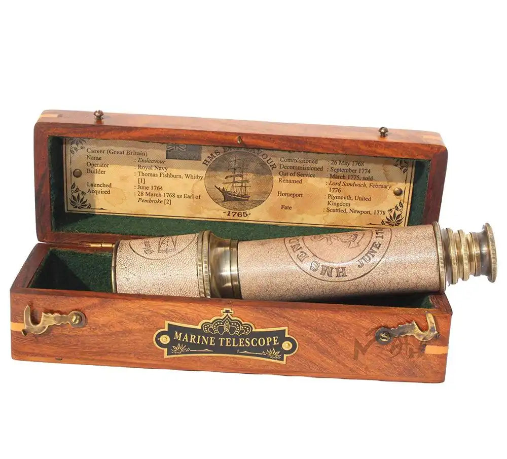 Engraved Nautical Pirate Spyglass Brass Antique Marine Telescope with wooden box
