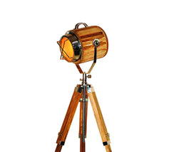 Hollywood Design Spot Searchlight Brass 3 Fold Searchlight Focus Floor Lamp Tripod Stand (Natural Wood Color)