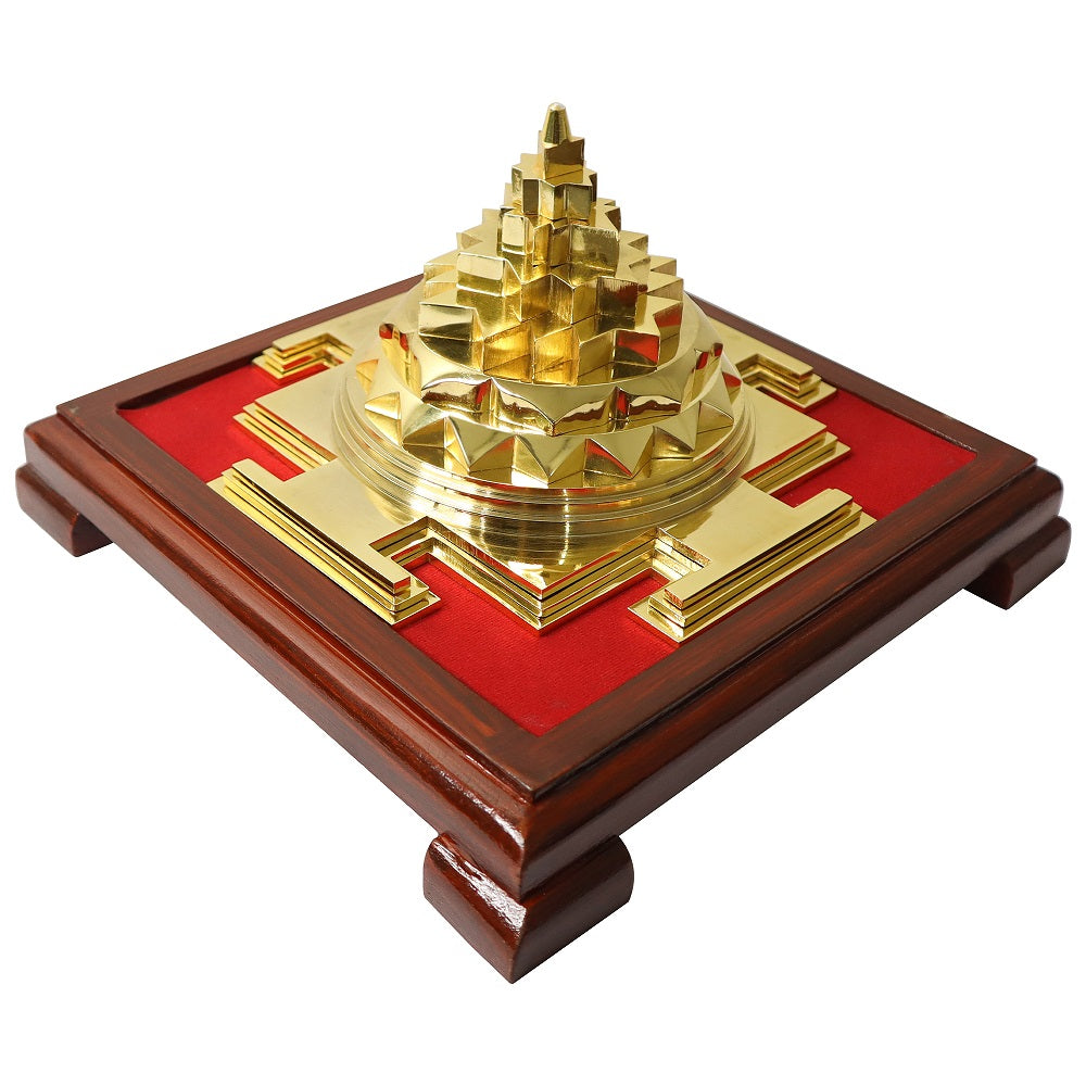 Swarna Maha Meru Solid Panchdhatu 24 karat Gold Plated Shree Yantra with Wooden Stand
