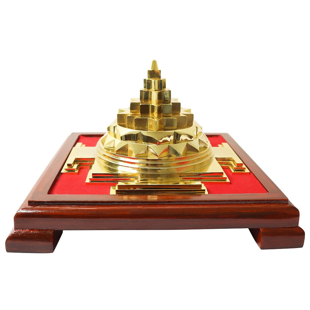 Swarna Maha Meru Solid Panchdhatu 24 karat Gold Plated Shree Yantra with Wooden Stand