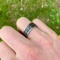 Silver Engraved Ring - Mens Band Wave Pattern Ring - Geometric Style Vintage Ring - Male Band Ring