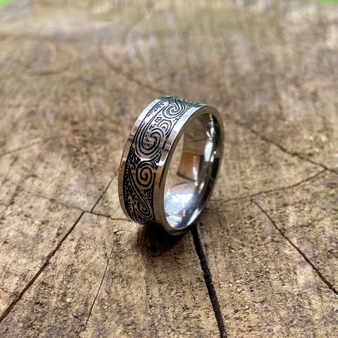 Silver Engraved Ring - Mens Band Wave Pattern Ring - Geometric Style Vintage Ring - Male Band Ring