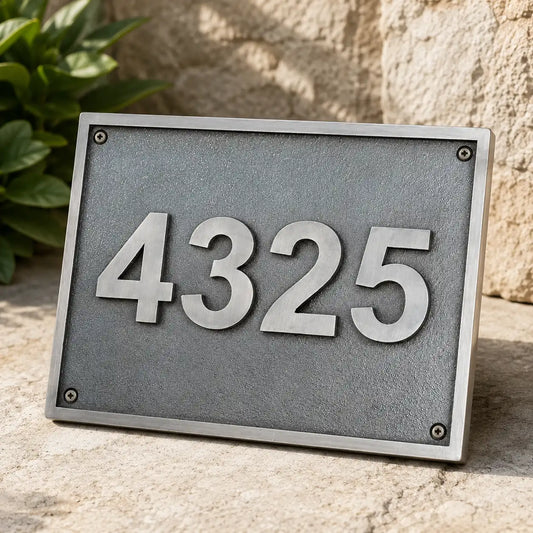 Custom bronze address plaque with engraved house number and family name in antique finish mounted beside a front door.