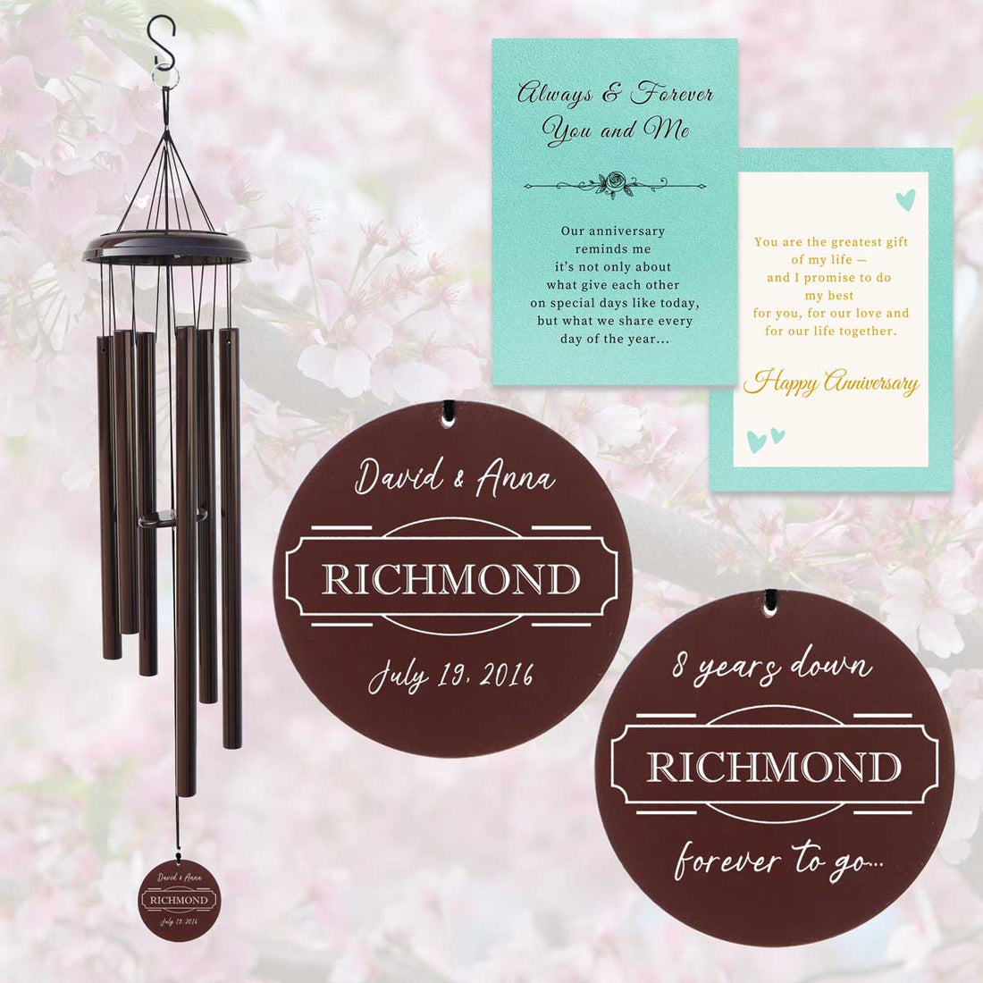 Personalized wind chime for couples with custom engraved names and anniversary date hanging in a peaceful garden, ideal for weddings, anniversaries, and romantic gifts.