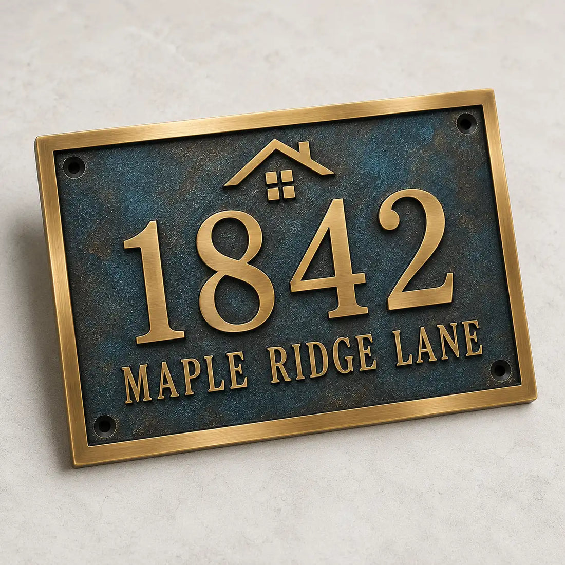 Custom bronze house number plaque with antique oil-rubbed finish personalized with engraved house number and family name for outdoor home entrance