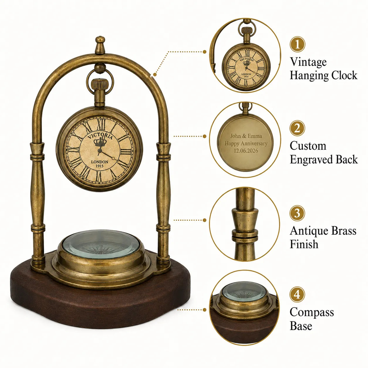 Victoria London brass desk clock with custom engraved back product infographic