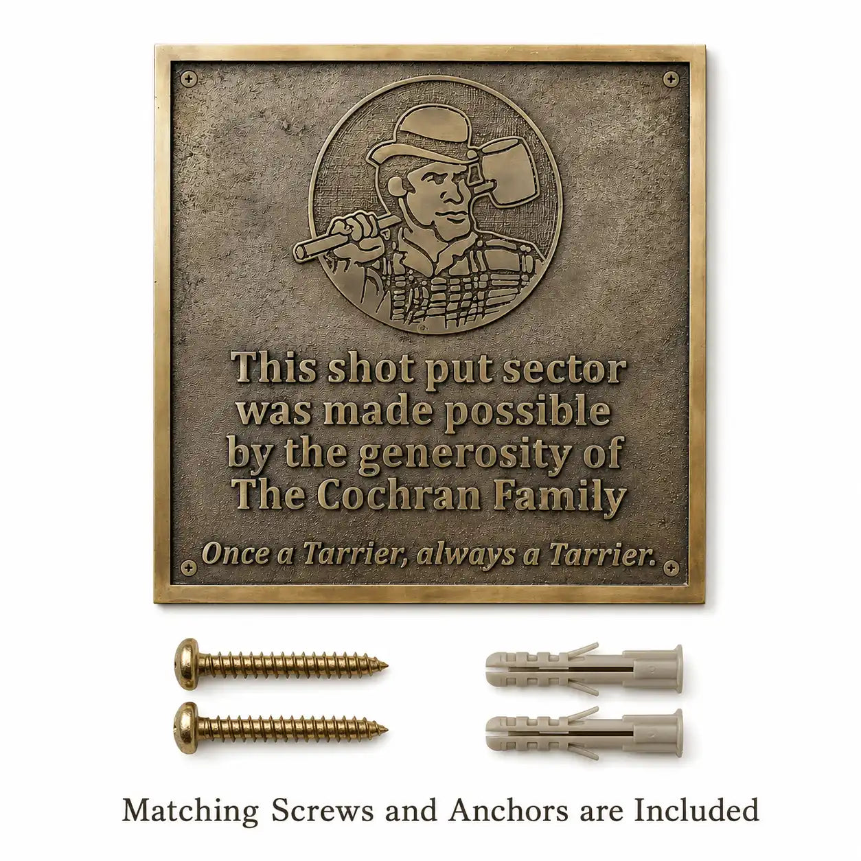 Custom Bronze Memorial Plaque displayed with two mounting screws and two wall anchors included for installation.