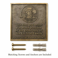 Custom Bronze Memorial Plaque displayed with two mounting screws and two wall anchors included for installation.
