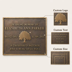 Personalized Bronze Plaque feature infographic highlighting raised text, custom sizing and weather-resistant construction