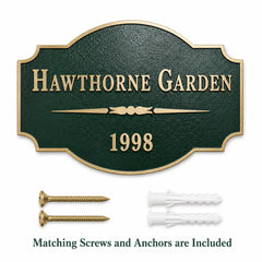 Premium Bronze Address Plaque shown with included fixing screws and wall anchors.