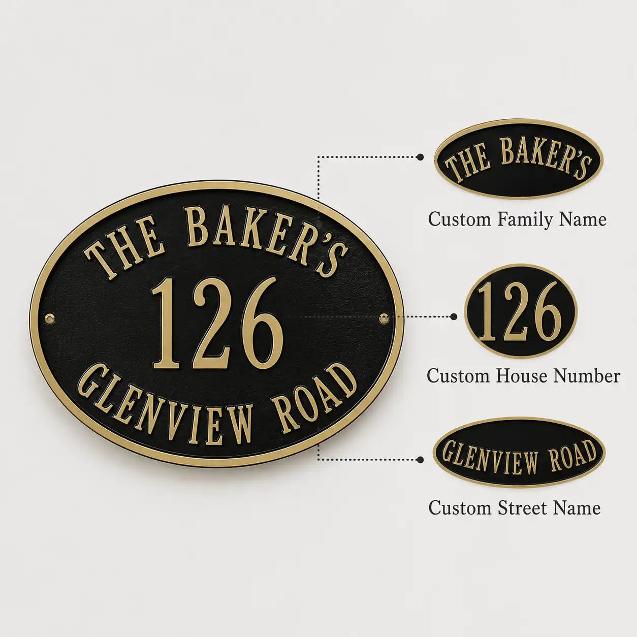 Address Plaques Bronze infographic showing a custom oval shape sign with personalized text, size options and mounting details.