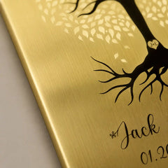 Brass memorial plaque with custom name and dates