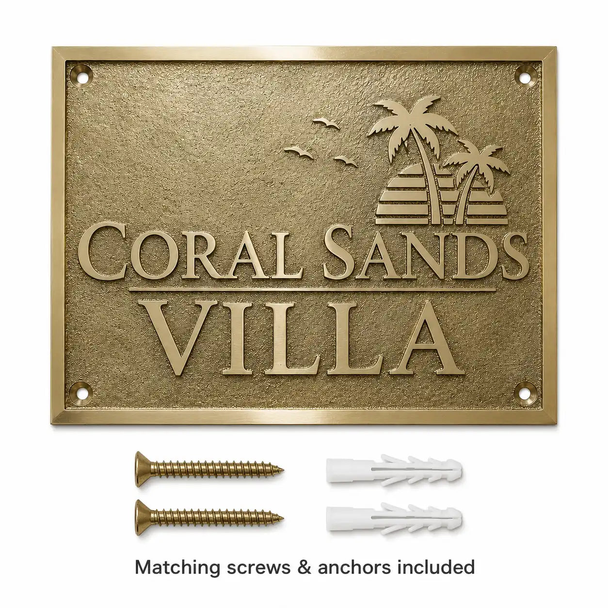 Premium gold brass plaque for office and home displayed with mounting screws and wall anchors for installation.