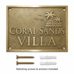 Premium gold brass plaque for office and home displayed with mounting screws and wall anchors for installation.