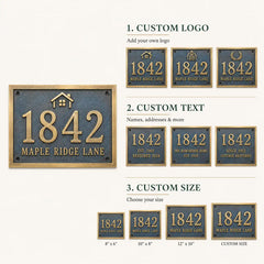 Custom oil-rubbed bronze address plate infographic featuring raised lettering, durable finish and wall-mounting information.