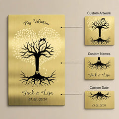 Infographic of a premium gold brass plaque for office and home displaying product features, customization, and mounting choices.