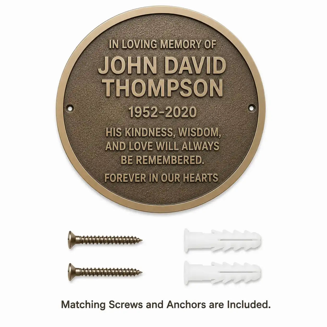 Oval bronze memorial plaque displayed with two mounting screws and two wall anchors included for installation.