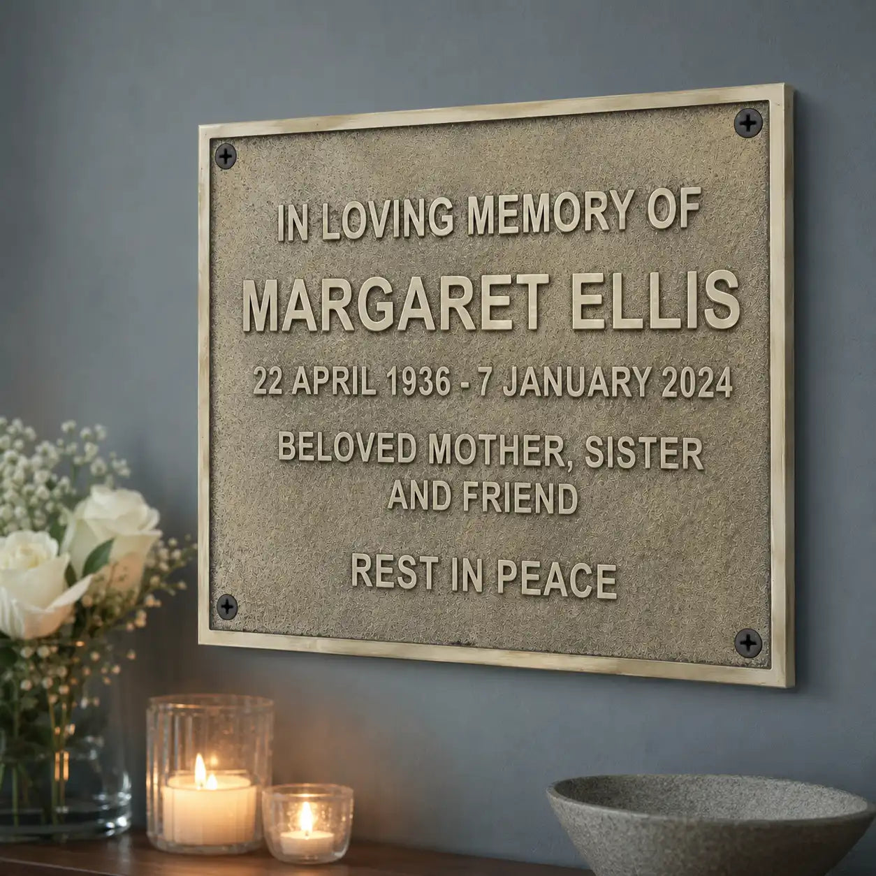 Premium memorial plaque personalized with names, quotes, and dates