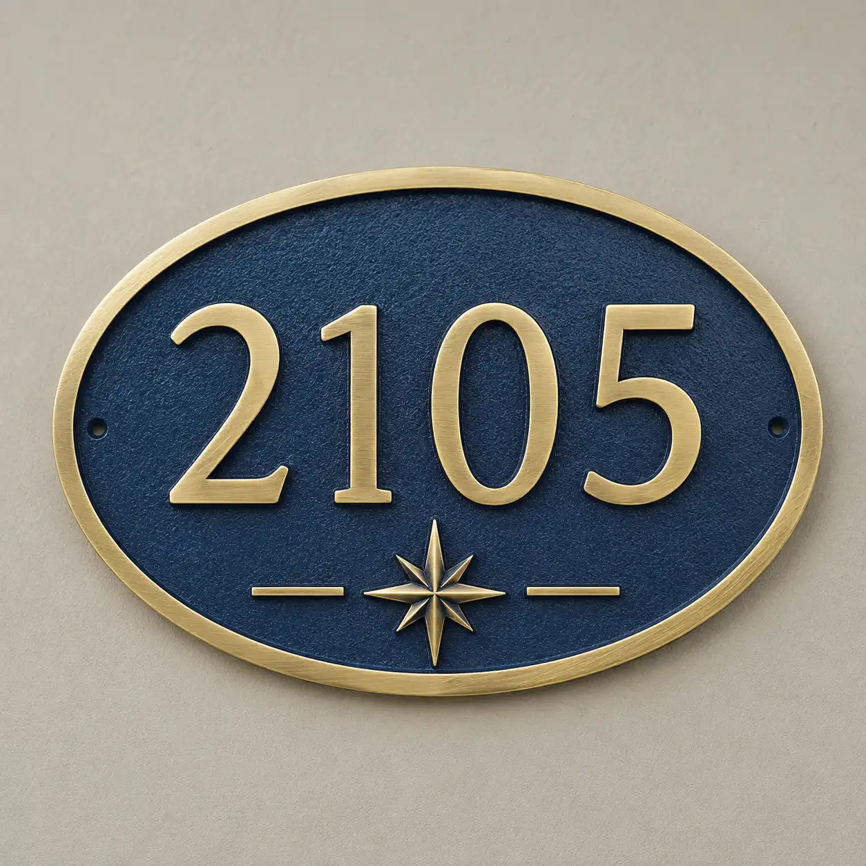 Custom oval brass house number sign with personalized engraving for front door
