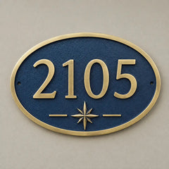 Custom oval brass house number sign with personalized engraving for front door