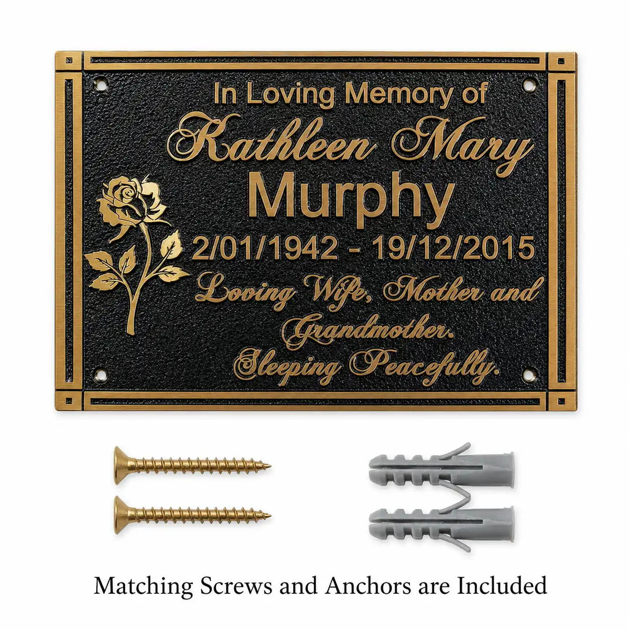 Personalized brass memorial plaque shown with matching screws and wall anchors on a clean background.