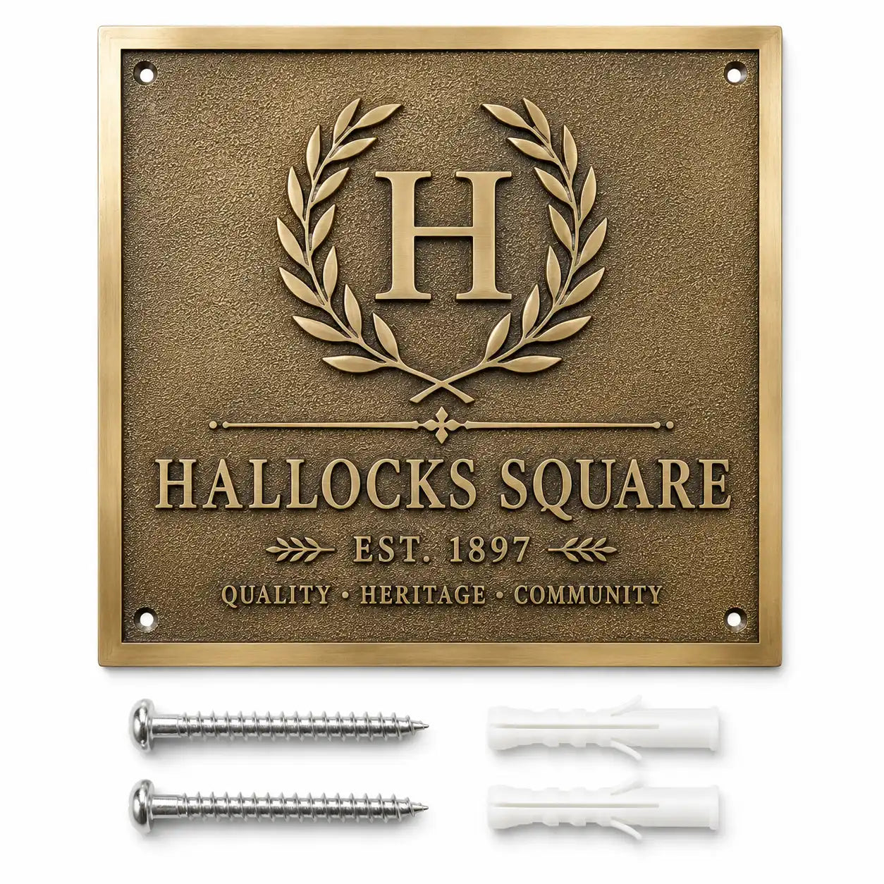 Custom brass address plaque with two mounting screws and two wall anchors arranged for easy wall installation.
