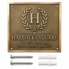 Custom brass address plaque with two mounting screws and two wall anchors arranged for easy wall installation.