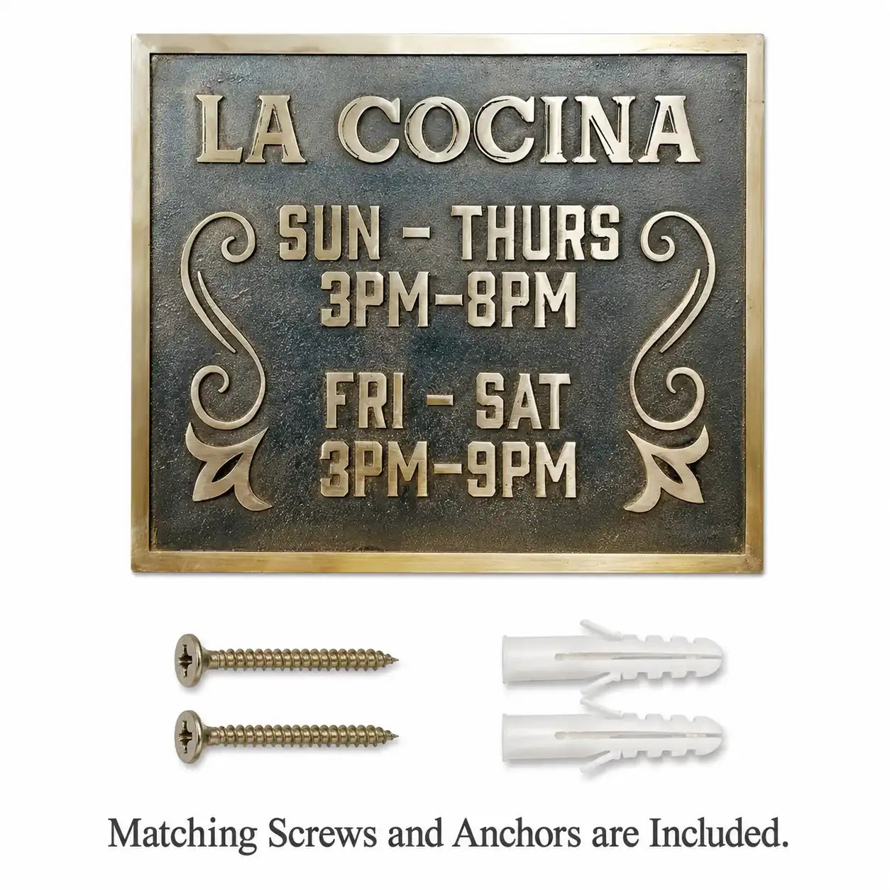 Personalized Bronze Plaque displayed with two mounting screws and two wall anchors included for installation.