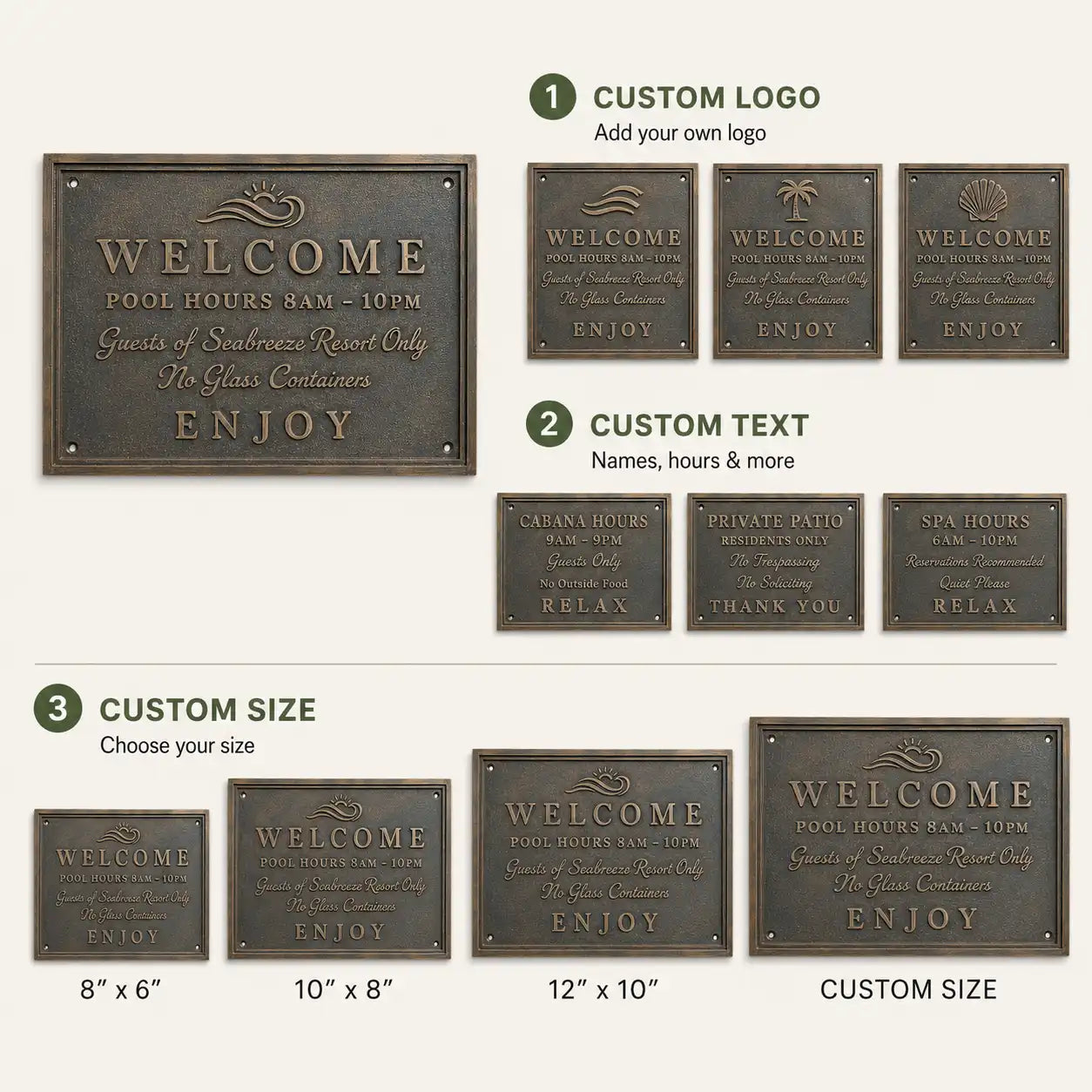 Outdoor Brass House Number Plaque infographic showing custom address numbers, weather-resistant finish and fixing details.
