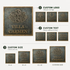 Handcrafted Bronze Address Plaque infographic showing raised address details, premium texture and outdoor durability.