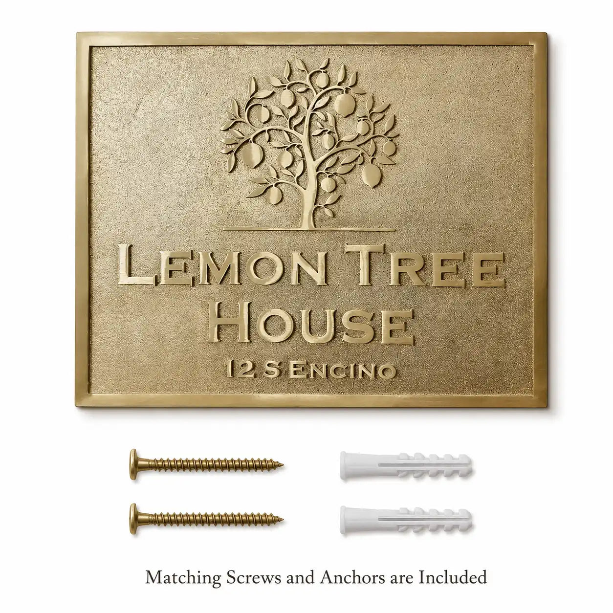 Personalized Brass House Number Plaque shown with matching screws and wall anchors on a clean background.