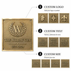 Personalized metal address plaque infographic highlighting custom lettering, house number, durable finish and weather-resistant construction.