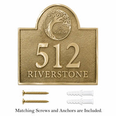 Brass House Number Sign Stands Out presented with screws and anchors for easy exterior wall mounting.