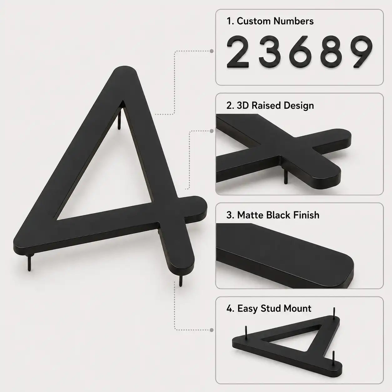 House Number Sign infographic showing personalized numbers, custom text, available sizes and mounting options.