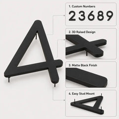 House Number Sign infographic showing personalized numbers, custom text, available sizes and mounting options.