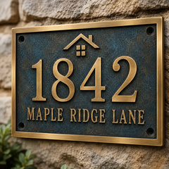 Oil-rubbed bronze house number plaque with personalized engraved address