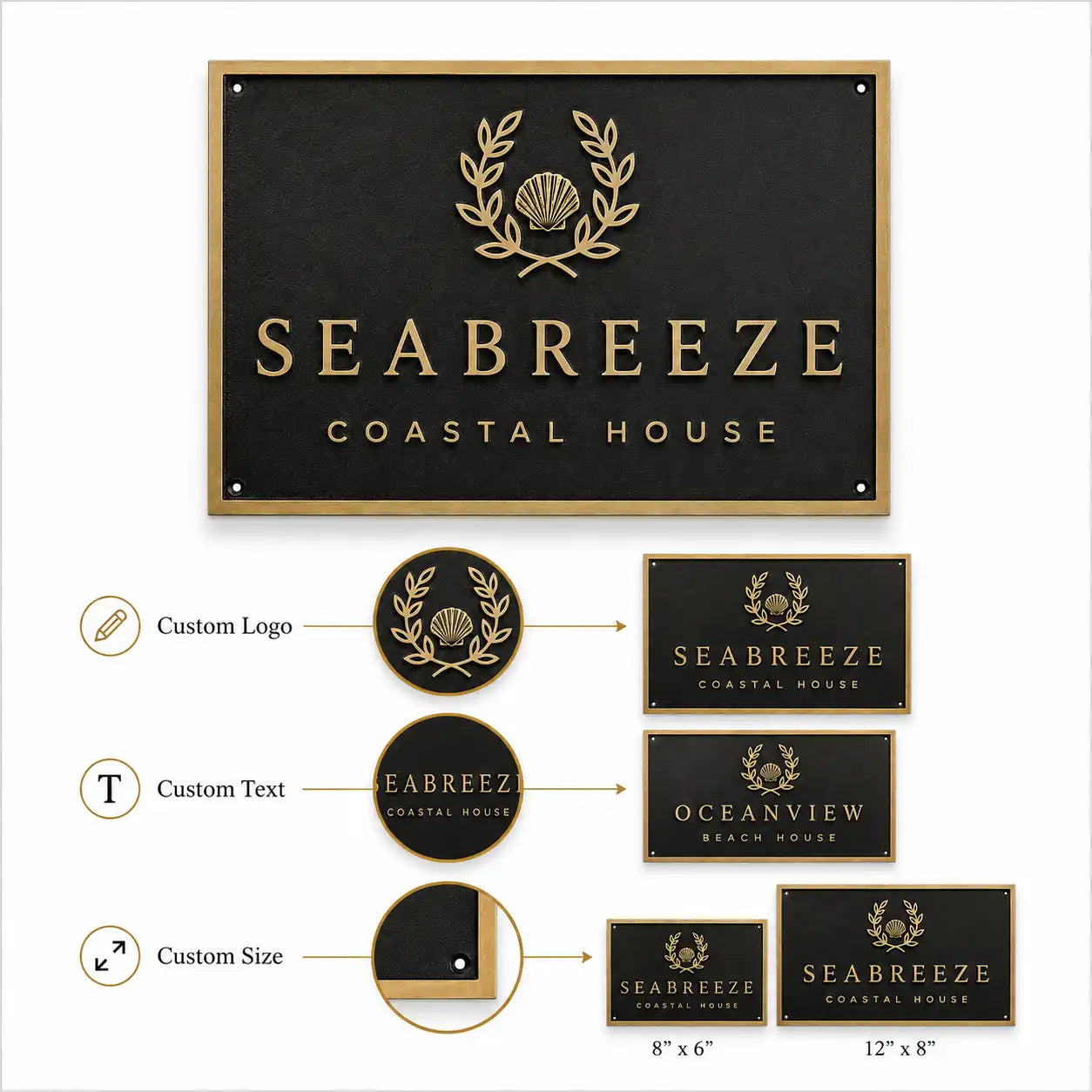 Brass House Number Plaque shown in an infographic with custom design, size and finish options.