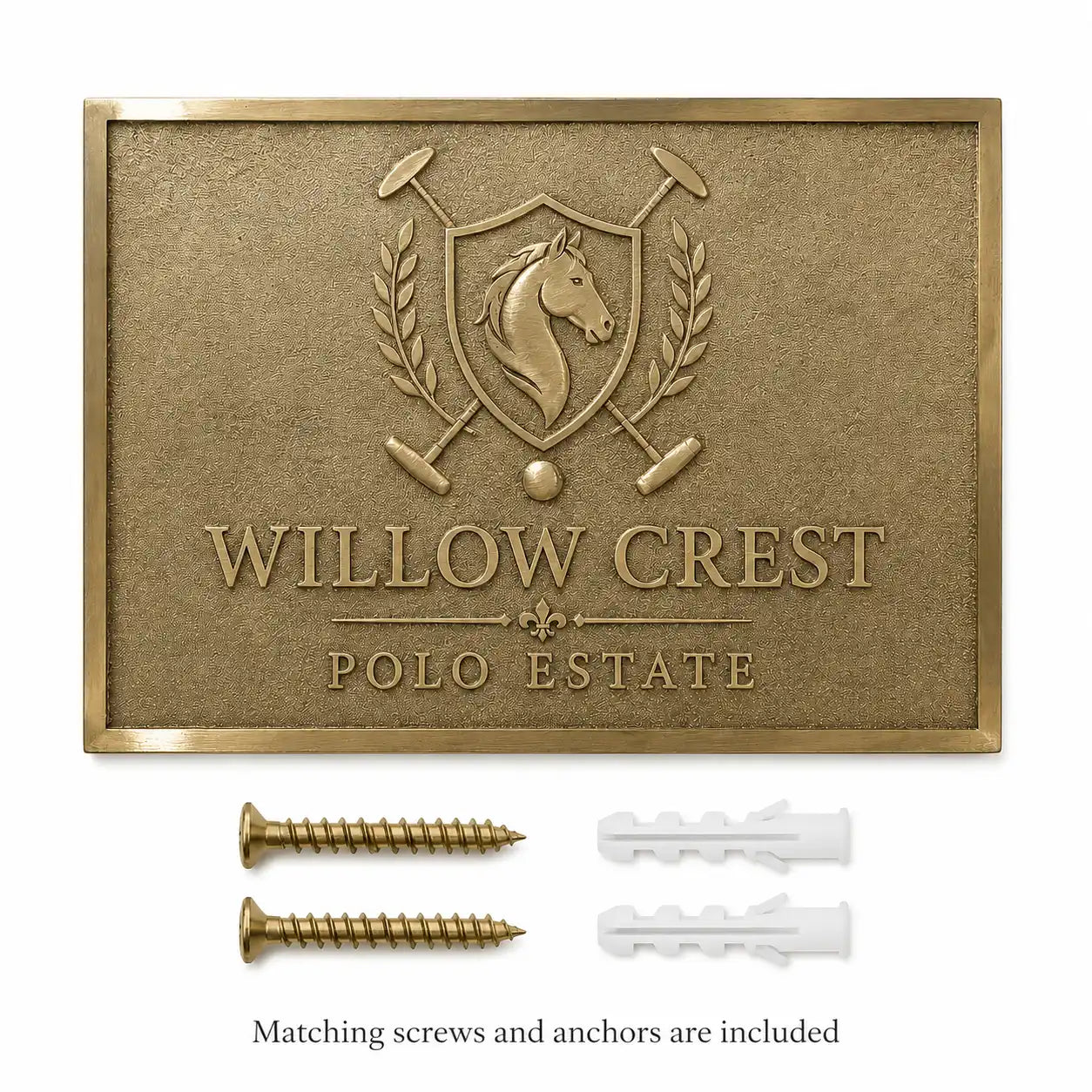 Premium gold brass plaque for office and home alongside mounting hardware, including screws and wall anchors.