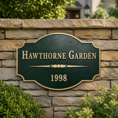 Outdoor brass address plaque with custom engraved details