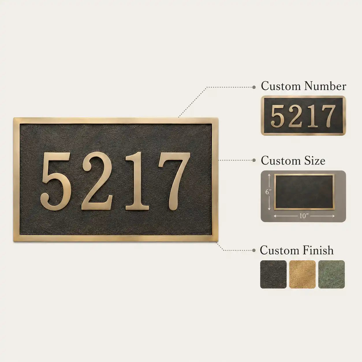 Custom Engraved Brass Plaque infographic showing personalized text, size options, finish details and mounting features.