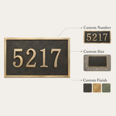 Custom Engraved Brass Plaque infographic showing personalized text, size options, finish details and mounting features.