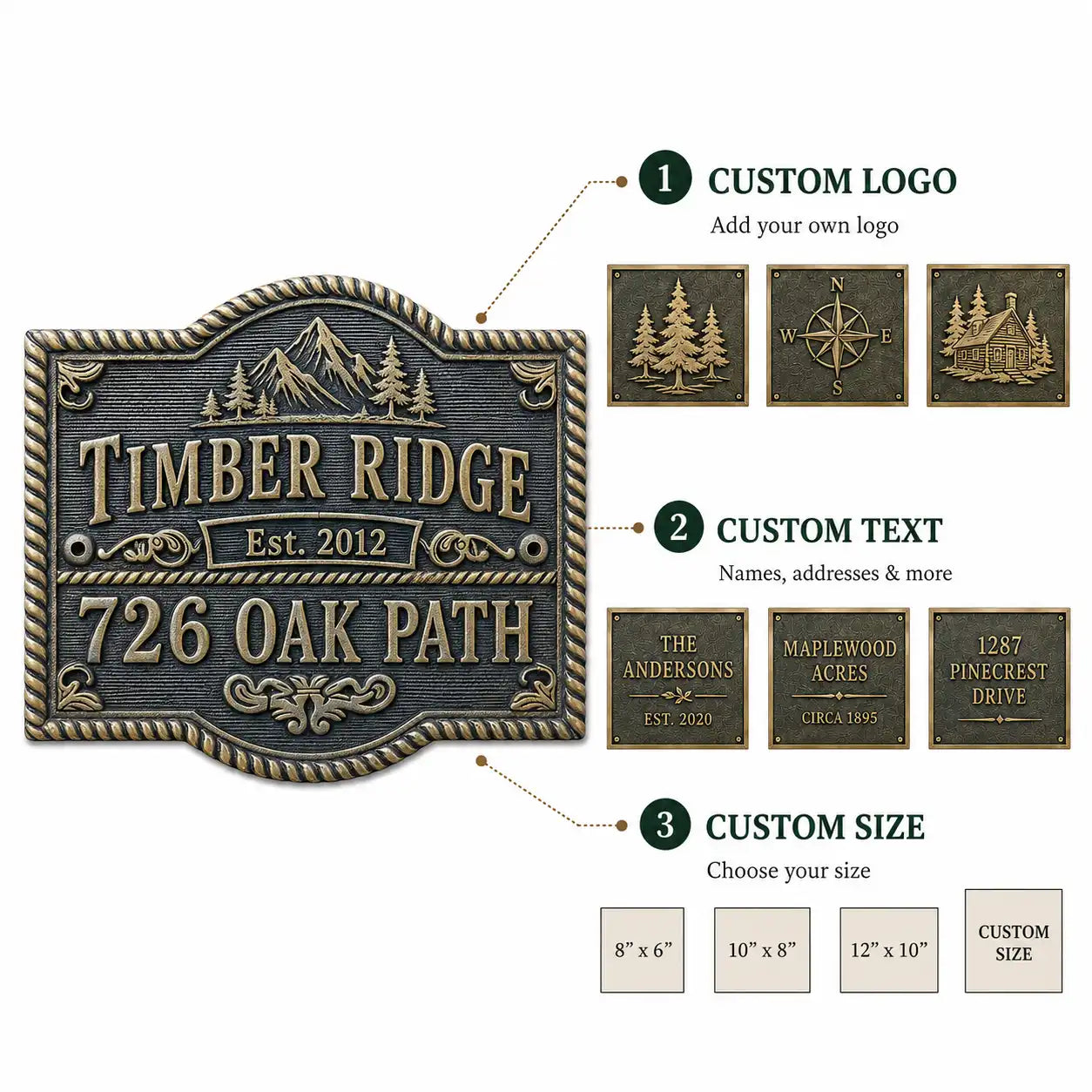 Premium bronze 3D plaque with raised lettering infographic showing customization options, sizes, finishes and mounting details.