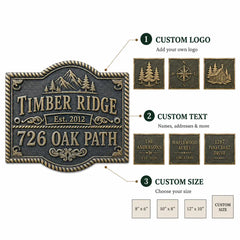 Premium bronze 3D plaque with raised lettering infographic showing customization options, sizes, finishes and mounting details.