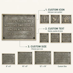 Custom Brass House Number Plaque infographic showing premium metal details, personalized address and installation features.