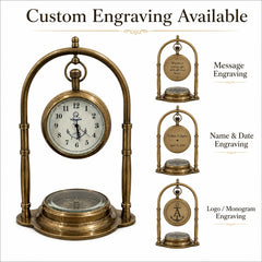 Nautical-themed bronze clock with a compass base and round clock face, shown alongside three smaller engraved options labeled message engraving, name & date engraving, and logo/monogram engraving.