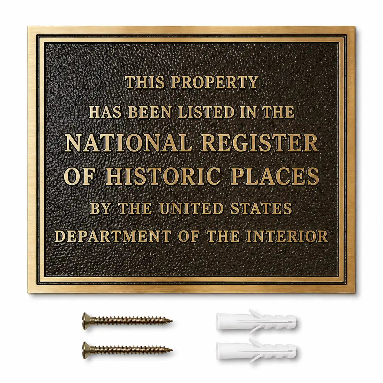 Brass house name plaque shown with two screws and two anchors included in the mounting hardware set.