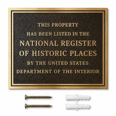 Brass house name plaque shown with two screws and two anchors included in the mounting hardware set.
